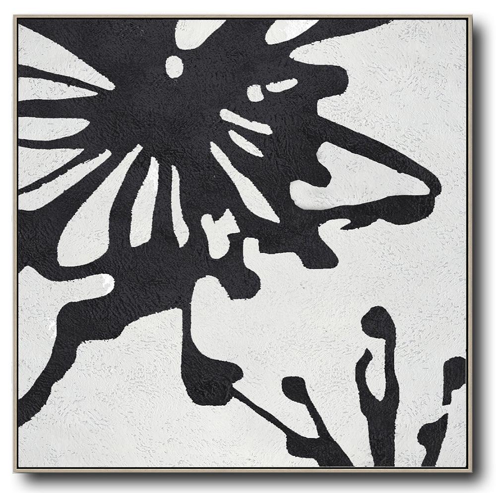Hand-Painted Minimal Black White Abstract Flower Painting - Bedroom Wall Canvas Bedroom Large